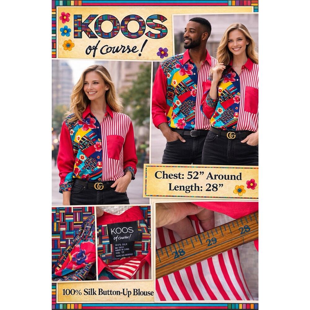 Koos Of Course Silk Button Up Shirt Size 1x Top Blouse Artsy Boho Blue XL